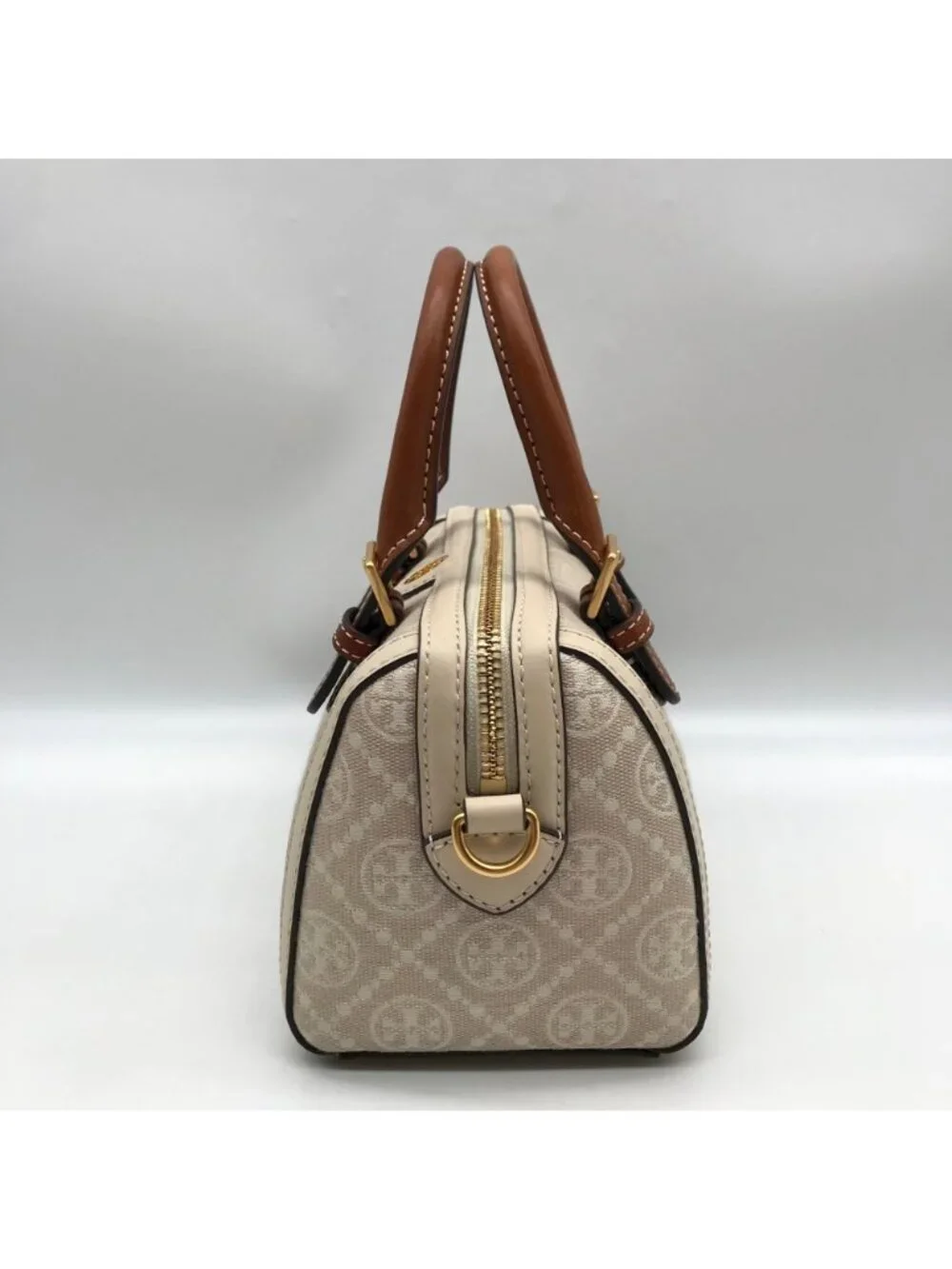 Tory Burch Beige Jacquard Monogram Logo Petite Barrel Bag